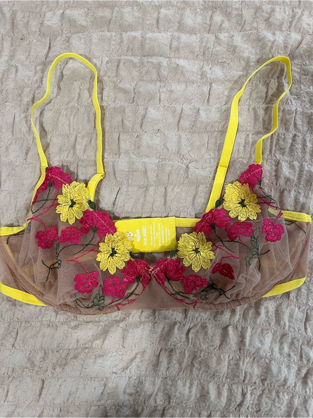 Sheer Floral Embroidered Balconette Bra in Yellow and Pink